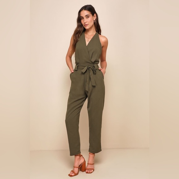 Lulus Pants - Lulus In the City Olive Green Surplice Sleeveless Jumpsuit